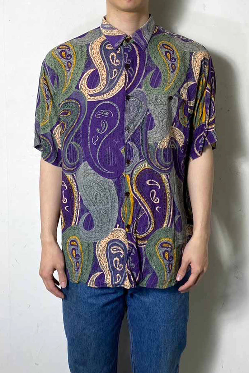 90'S S/S DESIGN ART RAYON SHIRT / PURPLE [SIZE: L USED]
