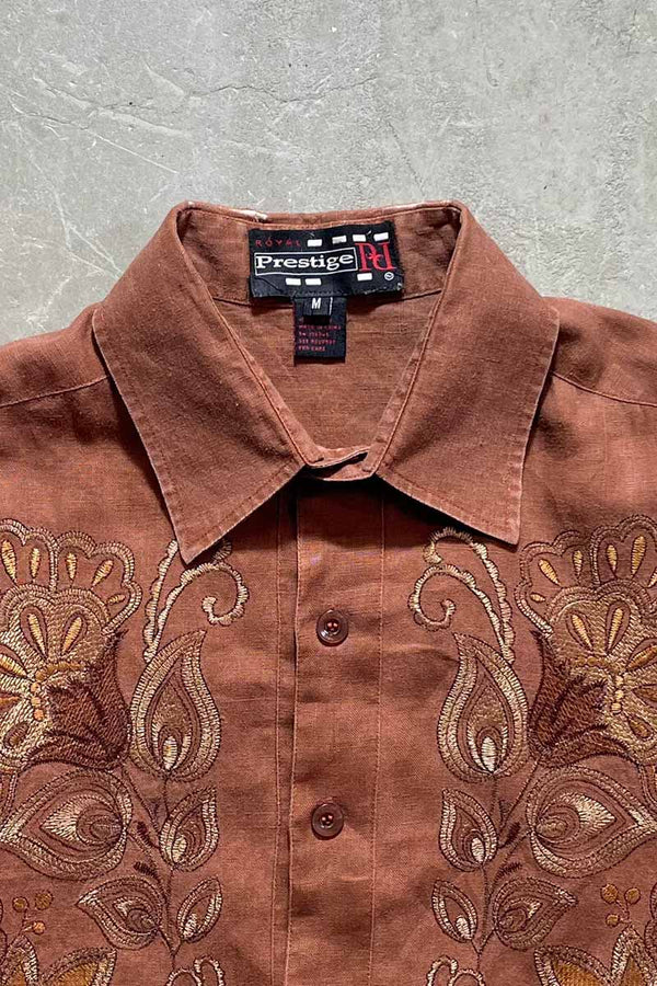 90'S CUBA LINEN S/S SHIRT / BROWN [SIZE: M USED]