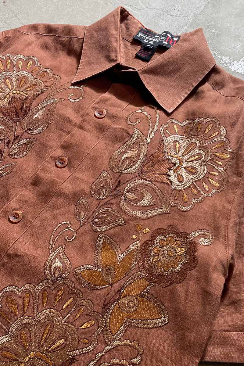 90'S CUBA LINEN S/S SHIRT / BROWN [SIZE: M USED]