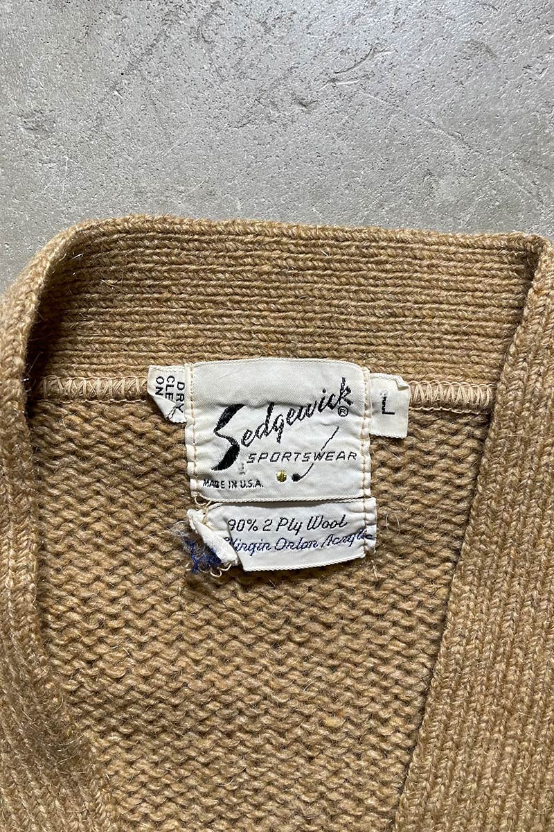 MADE IN USA 70'S SUEDE WOOL KNIT CARDIGAN / BROWN [SIZE: L USED]
