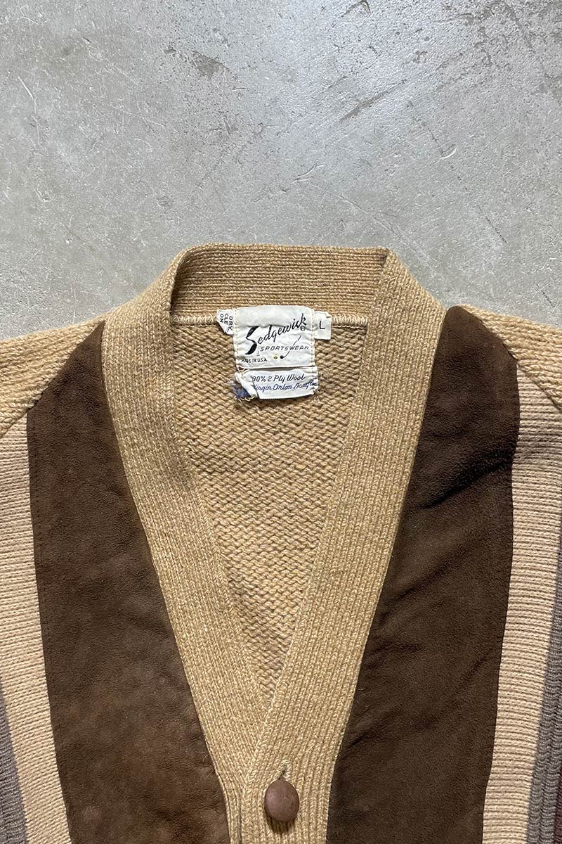 MADE IN USA 70'S SUEDE WOOL KNIT CARDIGAN / BROWN [SIZE: L USED]