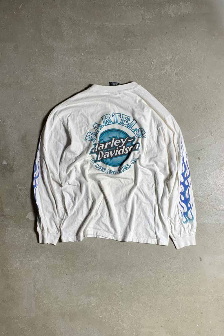 MADE IN USA 90-00'S L/S BARTELS' PRINT MOTOR CYCLE T-SHIRT / WHITE [SIZE: L USED]