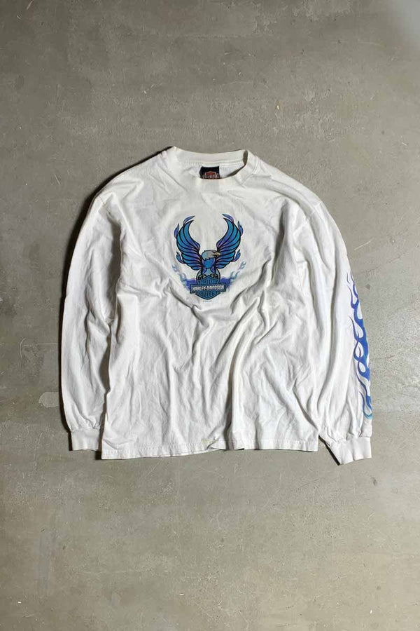 MADE IN USA 90-00'S L/S BARTELS' PRINT MOTOR CYCLE T-SHIRT / WHITE [SIZE: L USED]