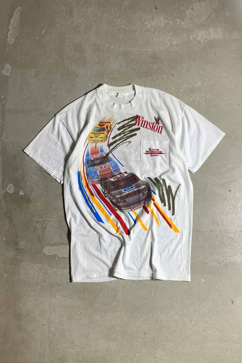 MADE IN USA 92'S S/S NASCAR WINSTON CUP PRINT ADVERTISING T-SHIRT / WHITE [SIZE: XL USED]