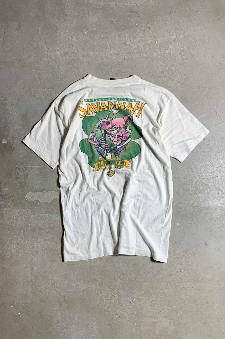MADE IN USA 95'S S/S SAVANNAH PRINT MOTOR CYCLE T-SHIRT / WHITE [SIZE: L USED]