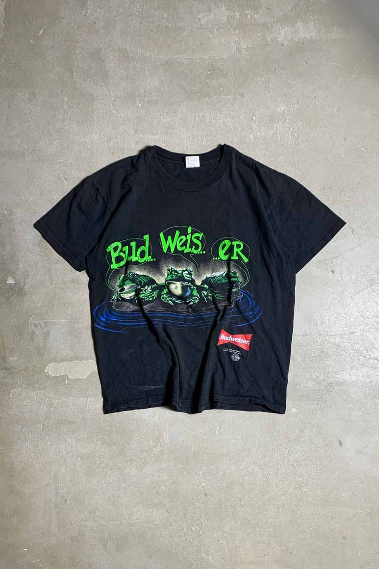 MADE IN USA 95'S S/S BUDWEISER FLOG ADVERTISING T-SHIRT / BLACK [SIZE: L USED]