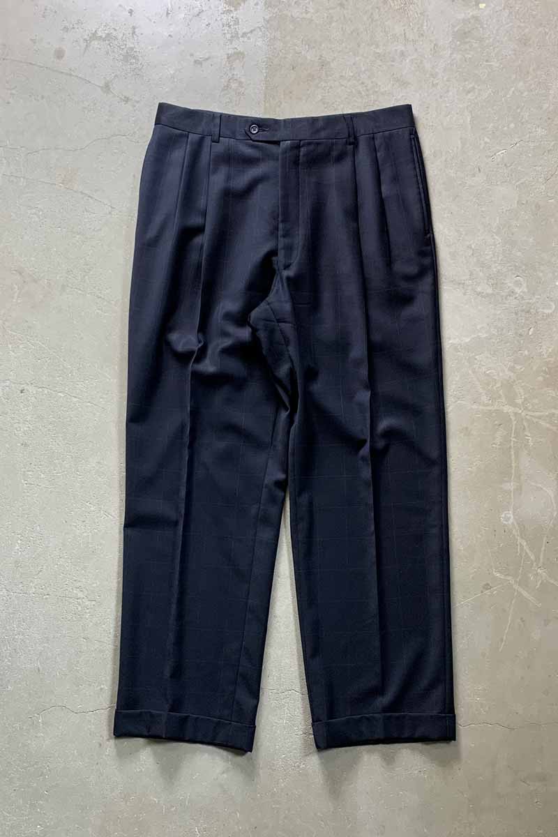 90'S WINDOW PEN CHECK TUCK SLACKS PANTS / NAVY [SIZE: W31L30相当 USED]