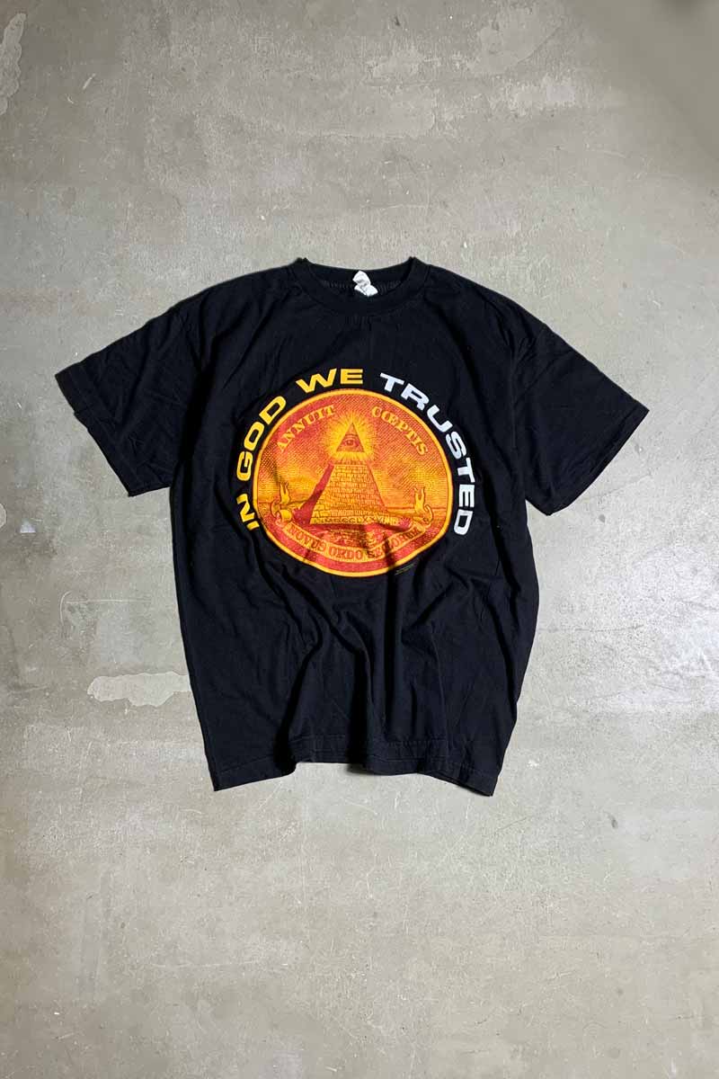 MADE IN USA 97'S S/S MACHINE HEAD IN GOD WE TRUSTED PRINT BAND T-SHIRT / BLACK [SIZE: XL USED]