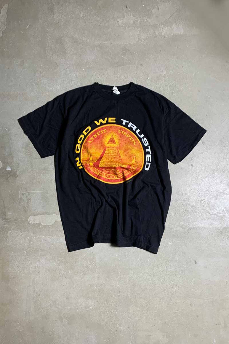MADE IN USA 97'S S/S MACHINE HEAD IN GOD WE TRUSTED PRINT BAND T-SHIRT / BLACK [SIZE: XL USED]