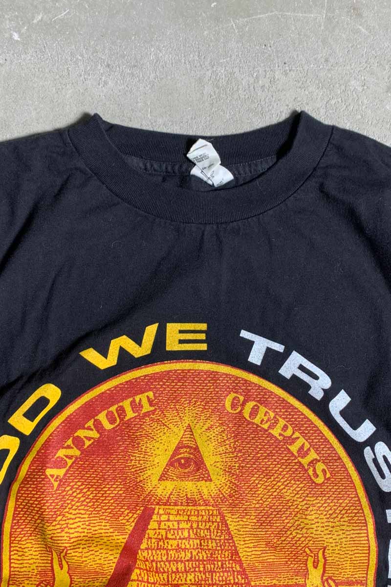 MADE IN USA 97'S S/S MACHINE HEAD IN GOD WE TRUSTED PRINT BAND T-SHIRT / BLACK [SIZE: XL USED]