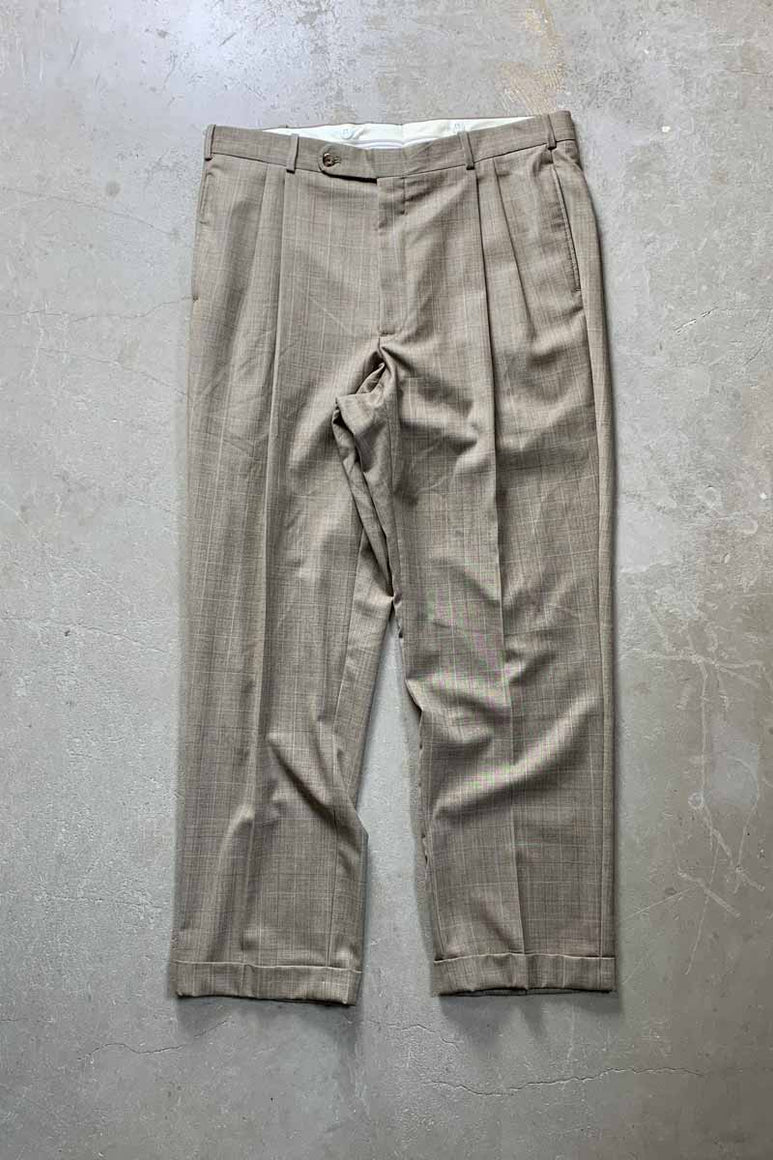 CHECK TUCK SLACKS PANTS / KHAKI [SIZE: W34L32相当 USED]