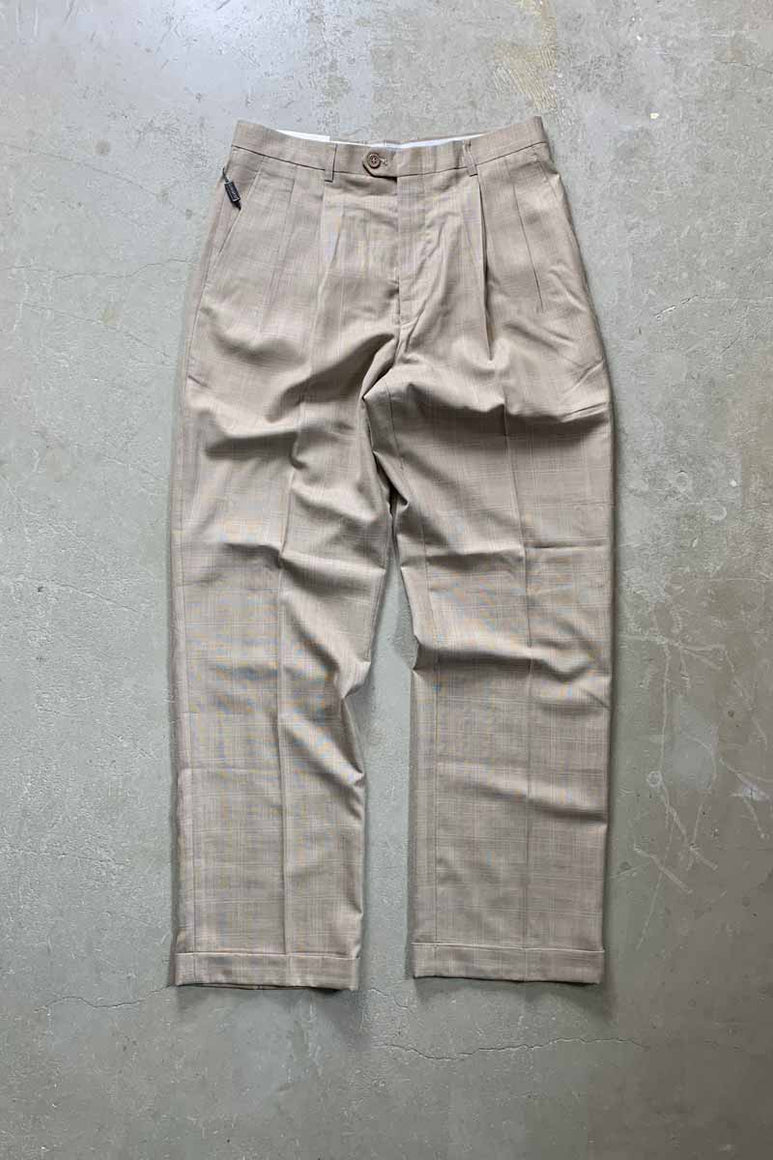 90'S GLEN CHECK TUCK SLACKS PANTS / BEIGE [SIZE: W32L32 DEADSTOCK/NOS]