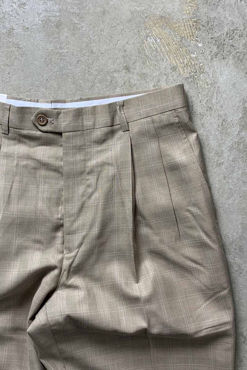 90'S GLEN CHECK TUCK SLACKS PANTS / BEIGE [SIZE: W32L32 DEADSTOCK/NOS]