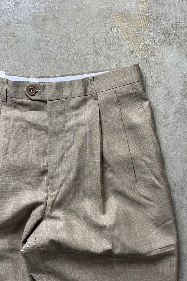 90'S GLEN CHECK TUCK SLACKS PANTS / BEIGE [SIZE: W32L32 DEADSTOCK/NOS]