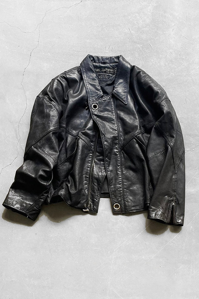 90'S LEATHER ZIP JACKET / BLACK [SIZE: 40 USED]