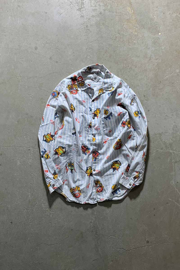 90'S L/S DESIGN STRIPE OPEN COLLAR SHIRT / WHITE [SIZE: L USED]