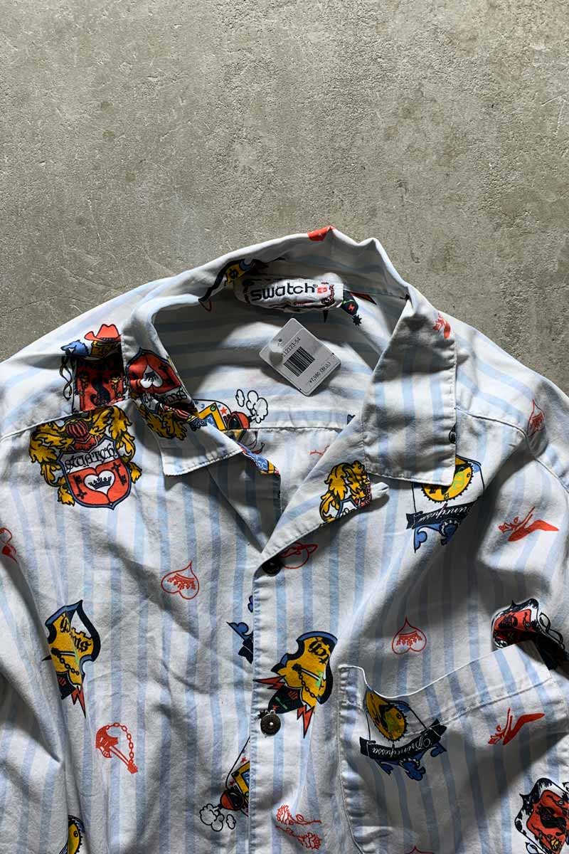 90'S L/S DESIGN STRIPE OPEN COLLAR SHIRT / WHITE [SIZE: L USED]