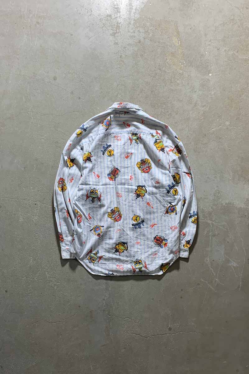 90'S L/S DESIGN STRIPE OPEN COLLAR SHIRT / WHITE [SIZE: L USED]