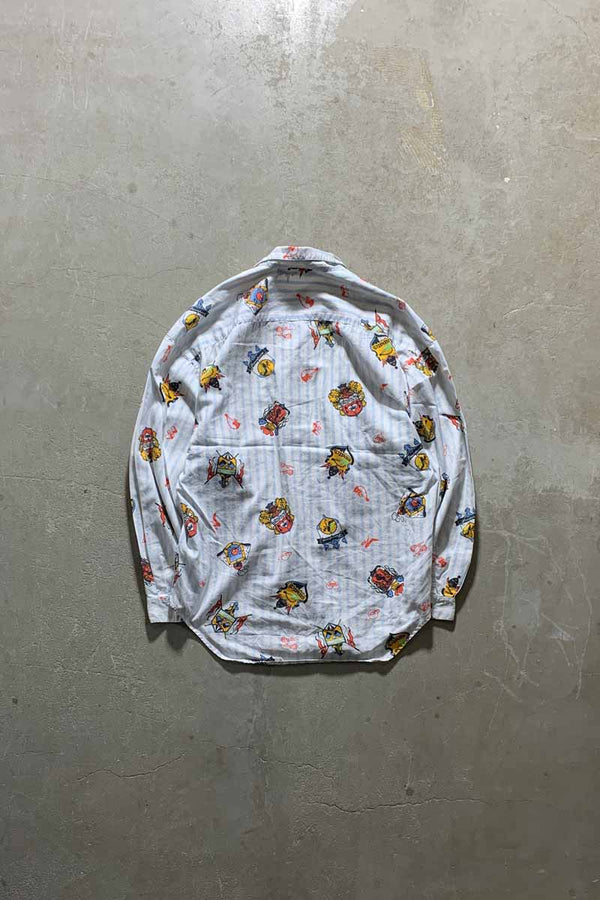 90'S L/S DESIGN STRIPE OPEN COLLAR SHIRT / WHITE [SIZE: L USED]