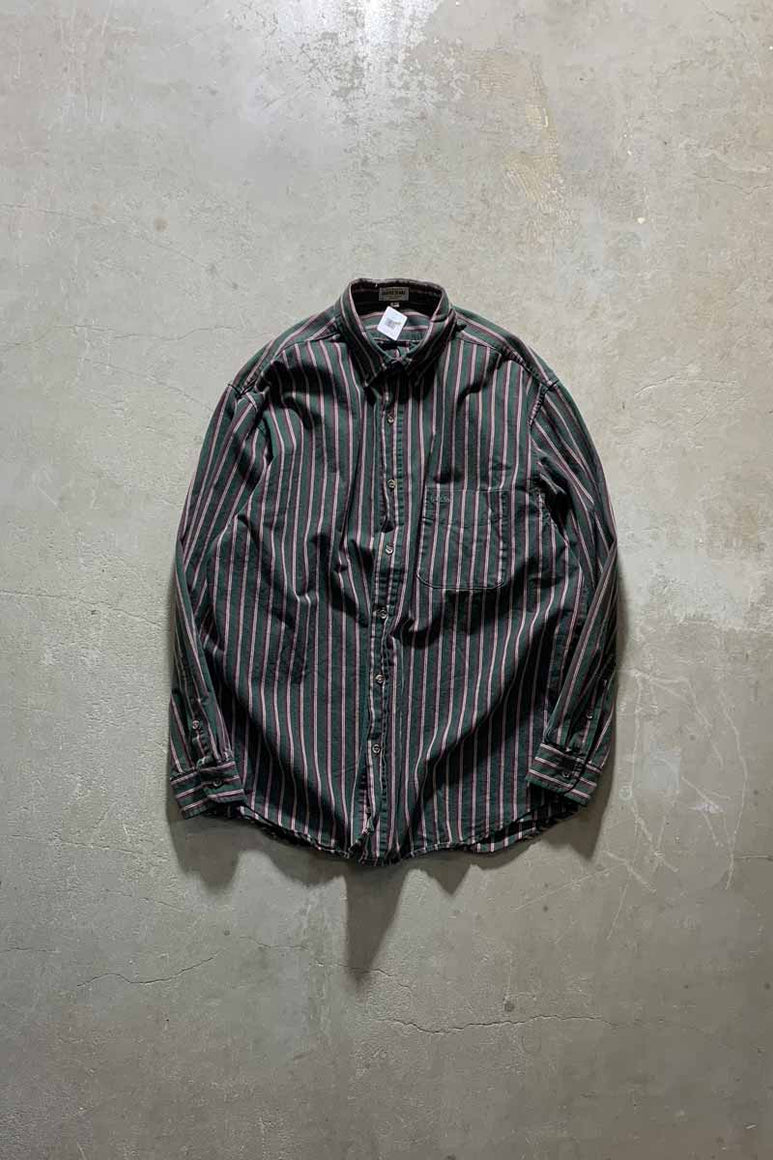 MADE IN USA 90'S L/S B.D COTTON STRIPE SHIRT / GREEN [SIZE: L USED]