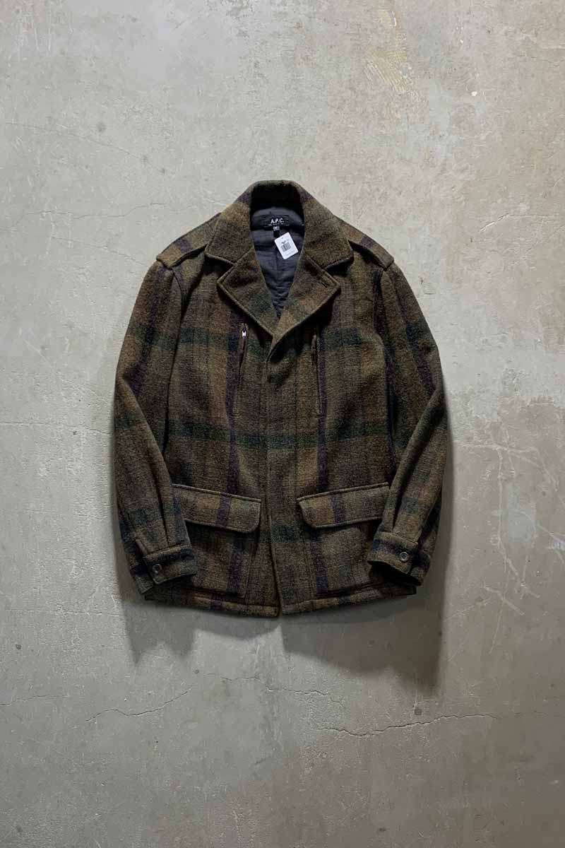 CHECK WOOL MIDDLE COAT / OLIVE [SIZE: S USED]