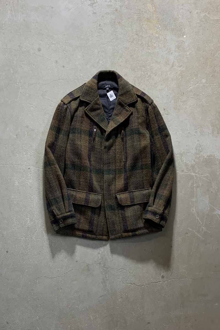 CHECK WOOL MIDDLE COAT / OLIVE [SIZE: S USED]