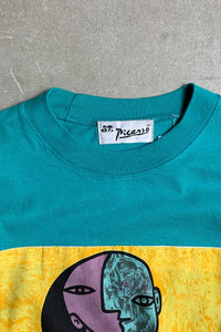 90'S S/S PABLO PICASSO WOMAN ON YELLOW BACKGROUND PRINT ART T-SHIRT / EMERALD GREEN [SIZE: 2XL USED]
