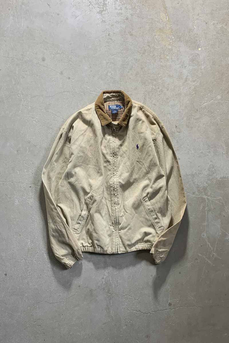 MADE IN USA 90'S CORDUROY COLLAR COTTON ZIP UP JACKET  / BEIGE [SIZE: M USED]