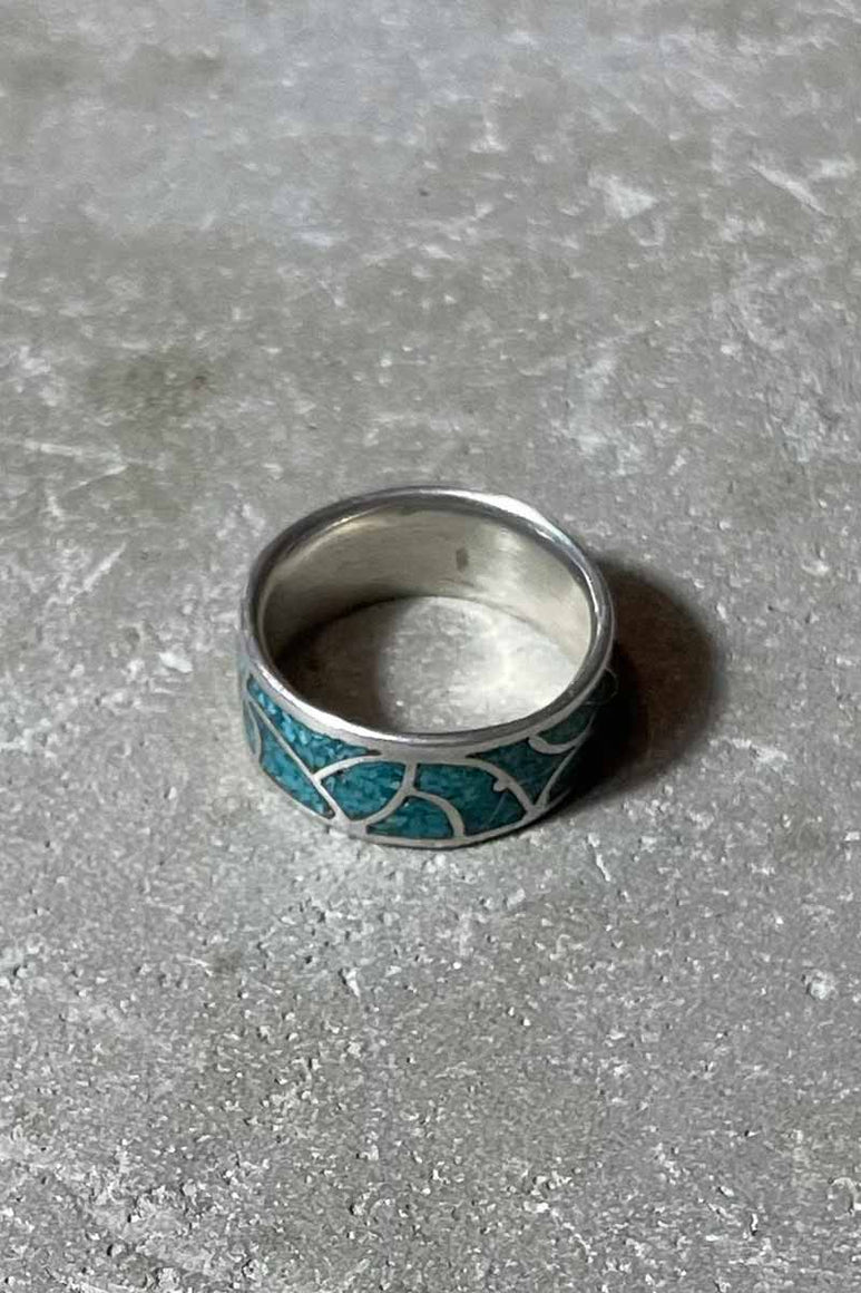 925 SILVER RING W/TURQUOIS CHIP INLAY [SIZE: 19号相当 USED]