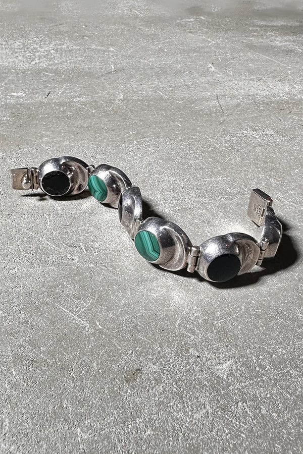 MADE IN MEXICO 925 SILVER BRACELET W/ONYX&MALACHITE [SIZE: ONE SIZE USED]