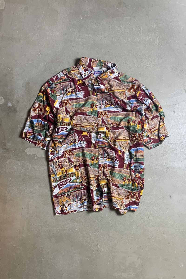 S/S MINNESOTA UNIVERSITY DESIGN RAYON HAWAIIAN SHIRT / BURGUNDY [SIZE: L USED]
