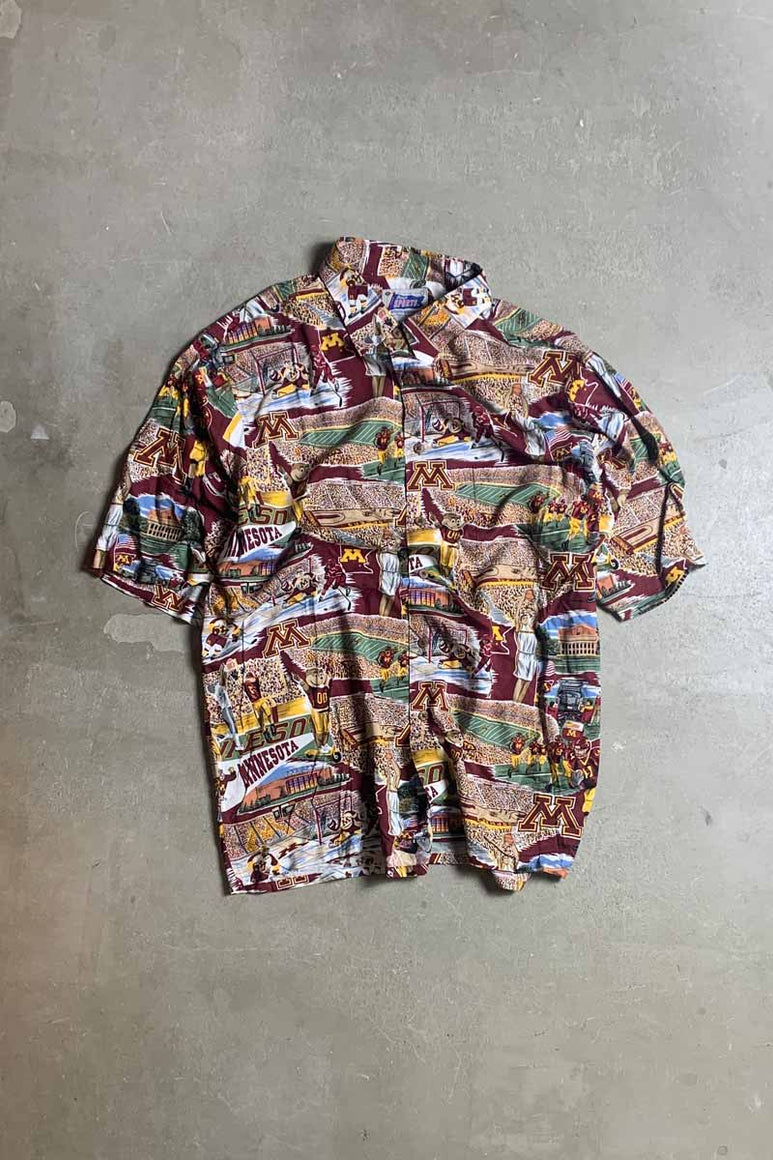 S/S MINNESOTA UNIVERSITY DESIGN RAYON HAWAIIAN SHIRT / BURGUNDY [SIZE: L USED]