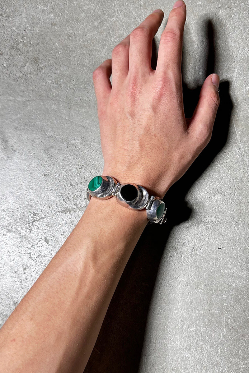 MADE IN MEXICO 925 SILVER BRACELET W/ONYX&MALACHITE [SIZE: ONE SIZE USED]