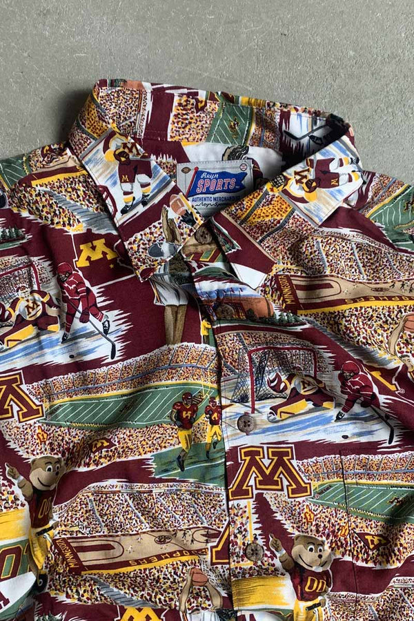 S/S MINNESOTA UNIVERSITY DESIGN RAYON HAWAIIAN SHIRT / BURGUNDY [SIZE: L USED]