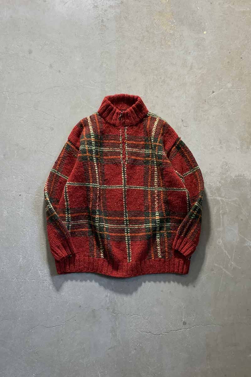 90'S HALF-ZIP CHECK WOOL KNIT SWEATER / RED [SIZE: M USED]