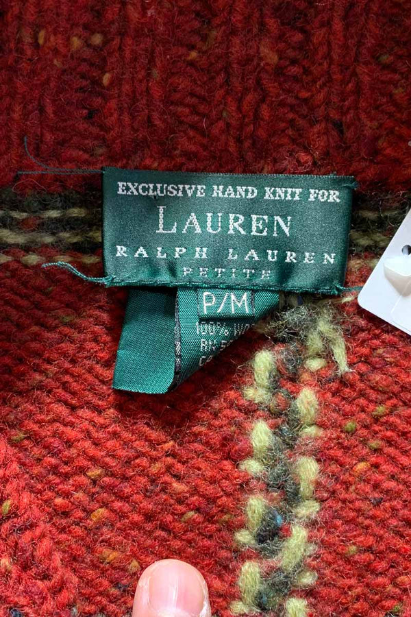 90'S HALF-ZIP CHECK WOOL KNIT SWEATER / RED [SIZE: M USED]