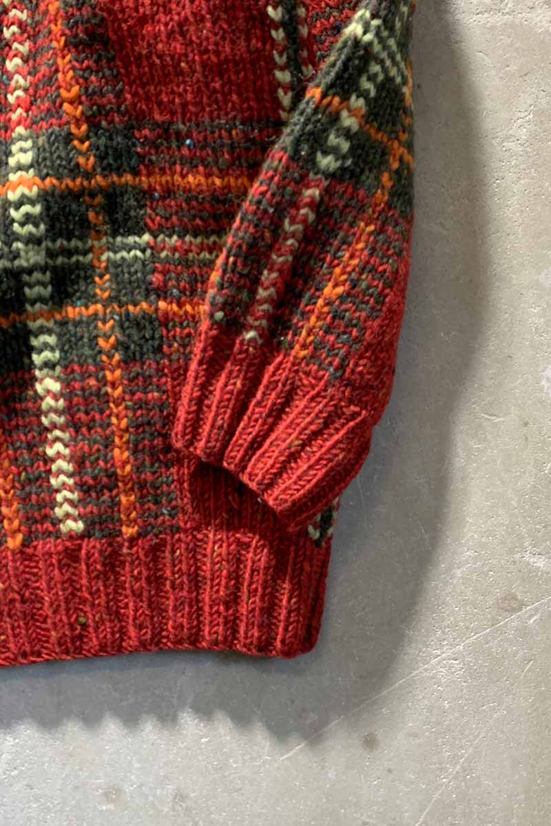 90'S HALF-ZIP CHECK WOOL KNIT SWEATER / RED [SIZE: M USED]
