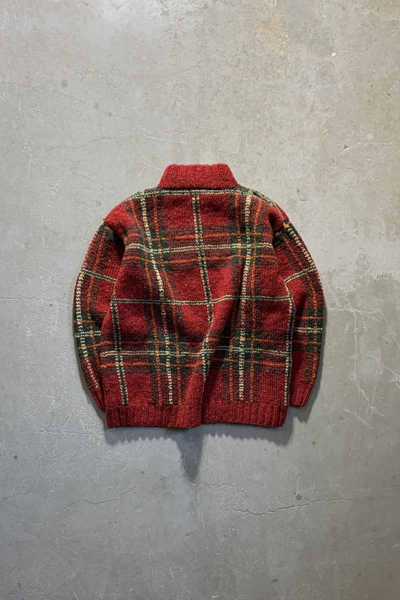 90'S HALF-ZIP CHECK WOOL KNIT SWEATER / RED [SIZE: M USED]