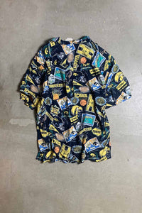 90'S S/S OPEN COLLAR HAWKEYES DESIGN RAYON HAWAIIAN SHIRT / BLACK [SIZE: L USED]