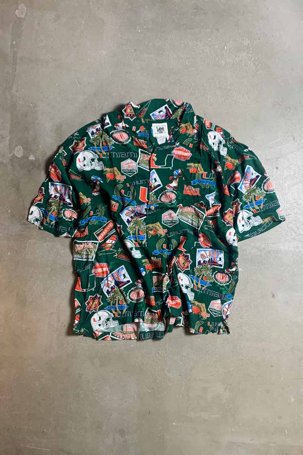 90s S/S OPEN COLLAR HURRICANES MIAMI UNIV. DESIGN RAYON HAWAIIAN SHIRT / GREEN [SIZE: 2XL USED]
