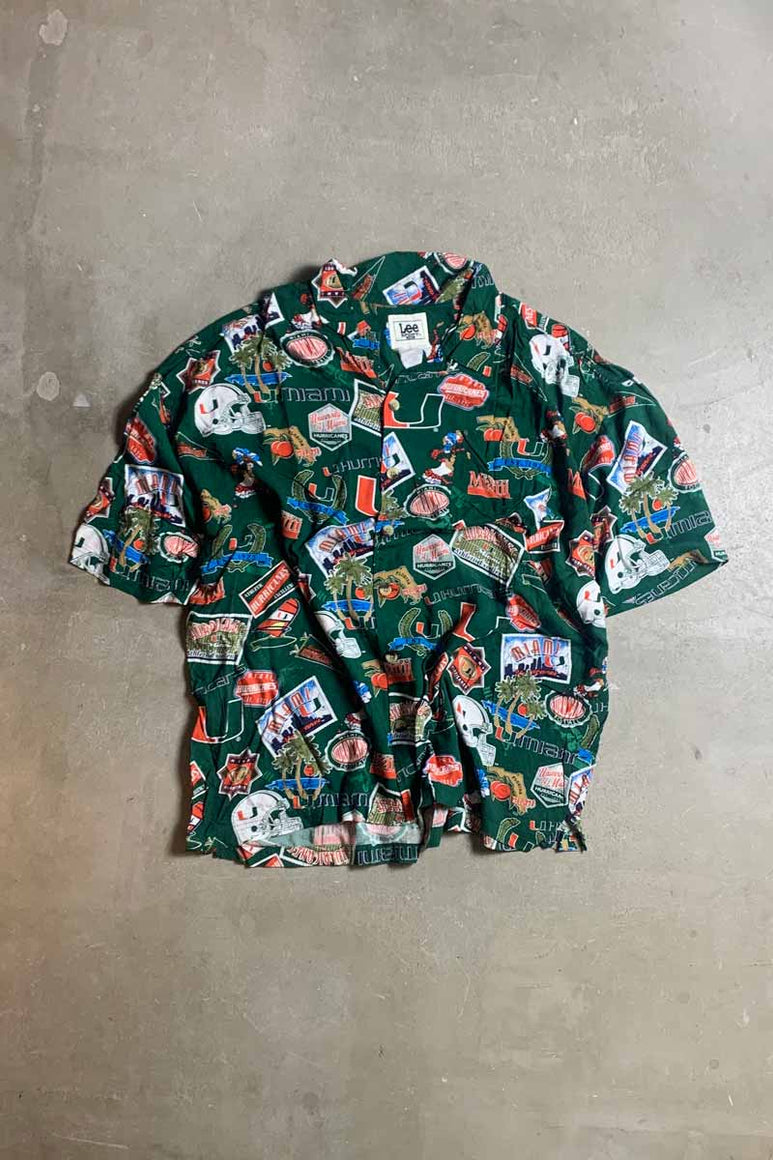 90'S S/S OPEN COLLAR HURRICANES MIAMI UNIV. DESIGN RAYON HAWAIIAN SHIRT / GREEN [SIZE: 2XL USED]