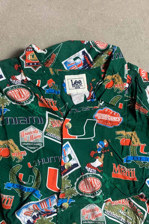 90s S/S OPEN COLLAR HURRICANES MIAMI UNIV. DESIGN RAYON HAWAIIAN SHIRT / GREEN [SIZE: 2XL USED]