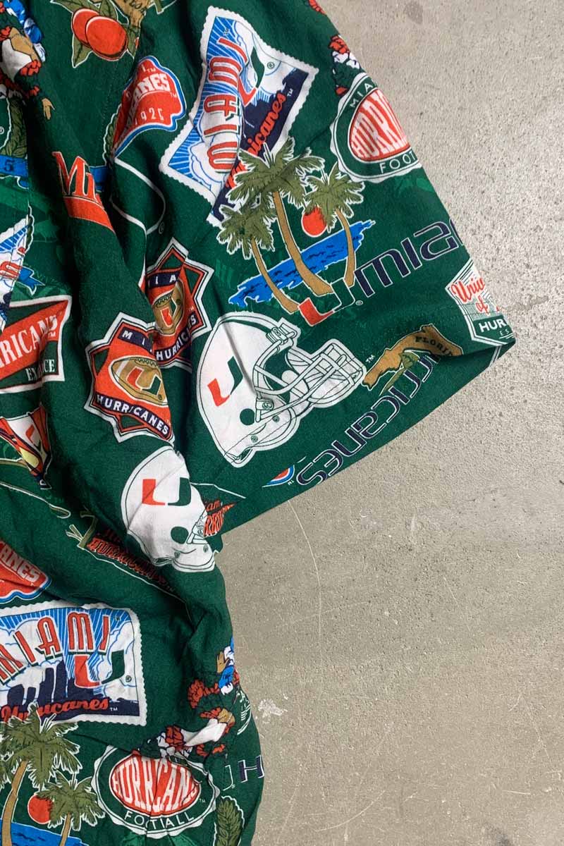 90s S/S OPEN COLLAR HURRICANES MIAMI UNIV. DESIGN RAYON HAWAIIAN SHIRT / GREEN [SIZE: 2XL USED]