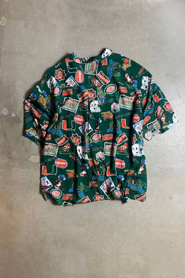 90s S/S OPEN COLLAR HURRICANES MIAMI UNIV. DESIGN RAYON HAWAIIAN SHIRT / GREEN [SIZE: 2XL USED]