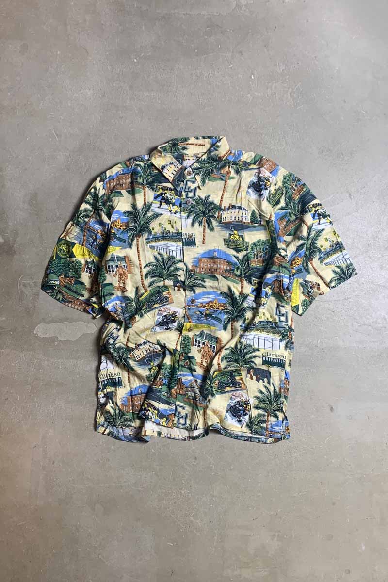 MADE IN HAWAII 90'S S/S CLARKSON DESIGN RAYON HAWAIIAN SHIRT / BEIGE [SIZE: M USED]