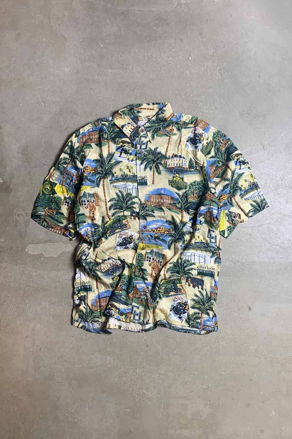 MADE IN HAWAII 90'S S/S CLARKSON DESIGN RAYON HAWAIIAN SHIRT / BEIGE [SIZE: M USED]