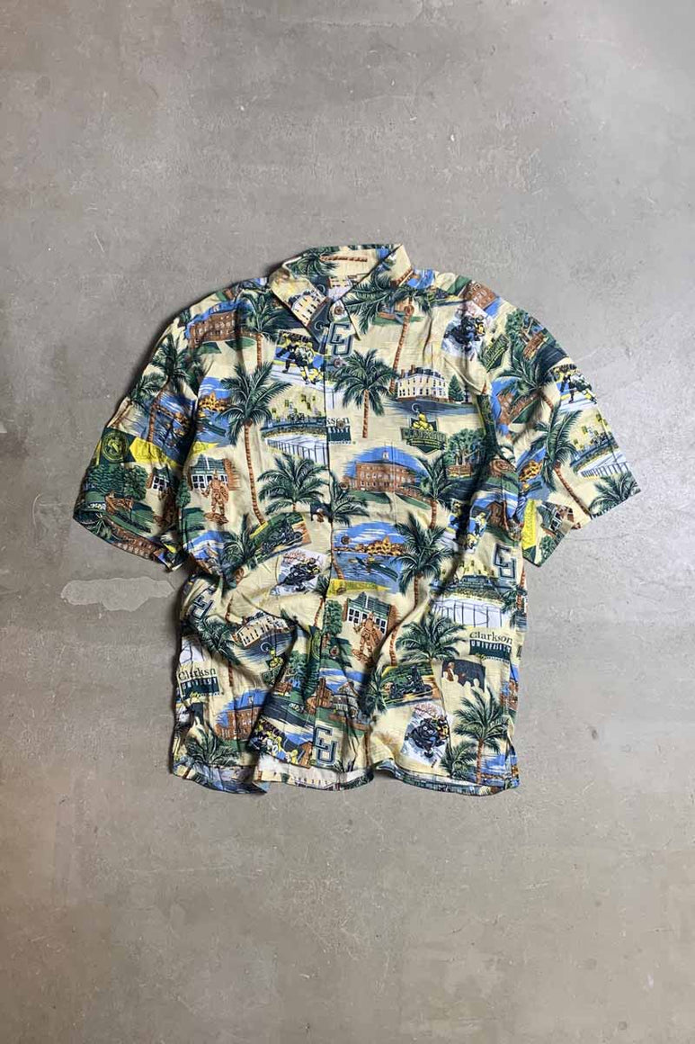 MADE IN HAWAII 90'S S/S CLARKSON DESIGN RAYON HAWAIIAN SHIRT / BEIGE [SIZE: M USED]