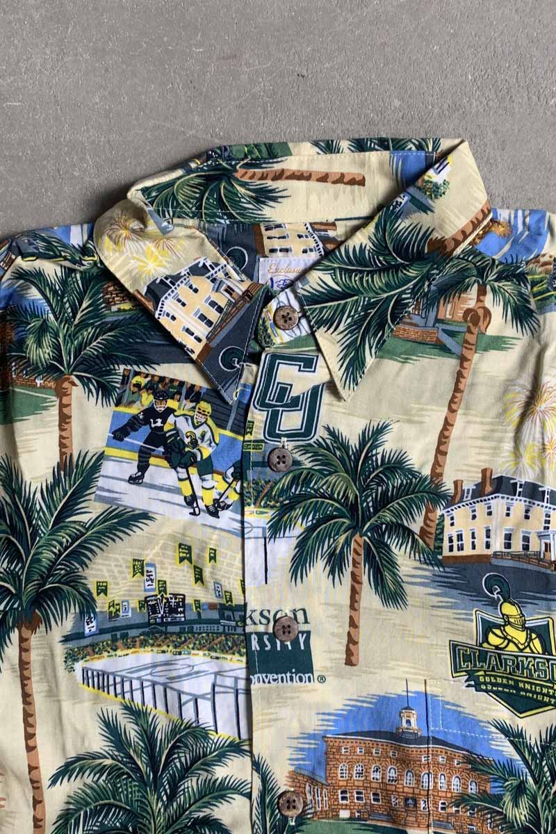 MADE IN HAWAII 90'S S/S CLARKSON DESIGN RAYON HAWAIIAN SHIRT / BEIGE [SIZE: M USED]