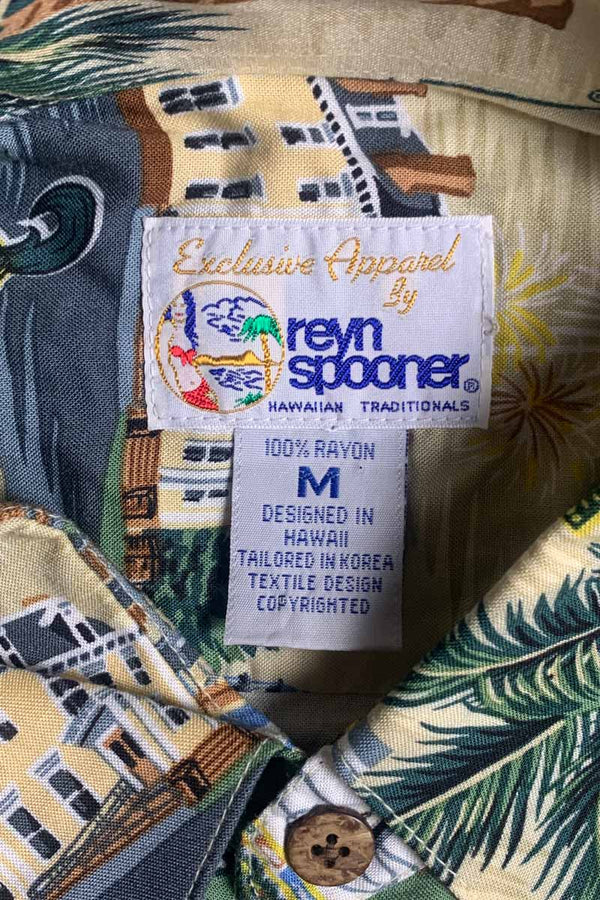 MADE IN HAWAII 90'S S/S CLARKSON DESIGN RAYON HAWAIIAN SHIRT / BEIGE [SIZE: M USED]