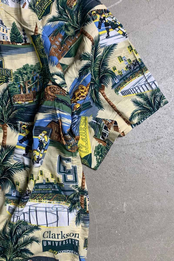 MADE IN HAWAII 90'S S/S CLARKSON DESIGN RAYON HAWAIIAN SHIRT / BEIGE [SIZE: M USED]